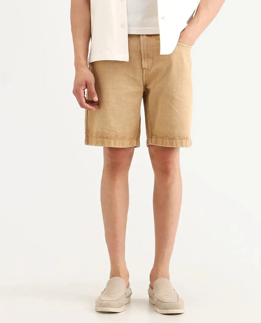 Rare Rabbit Men's Carp Khaki Cotton Fabric Relaxed Fit Plain Shorts