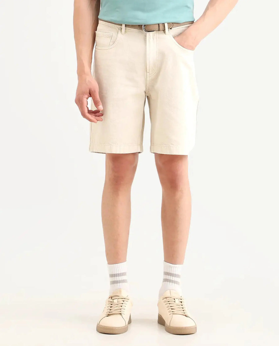 Rare Rabbit Men's Carp Light Beige Cotton Fabric Regular Fit Plain Shorts
