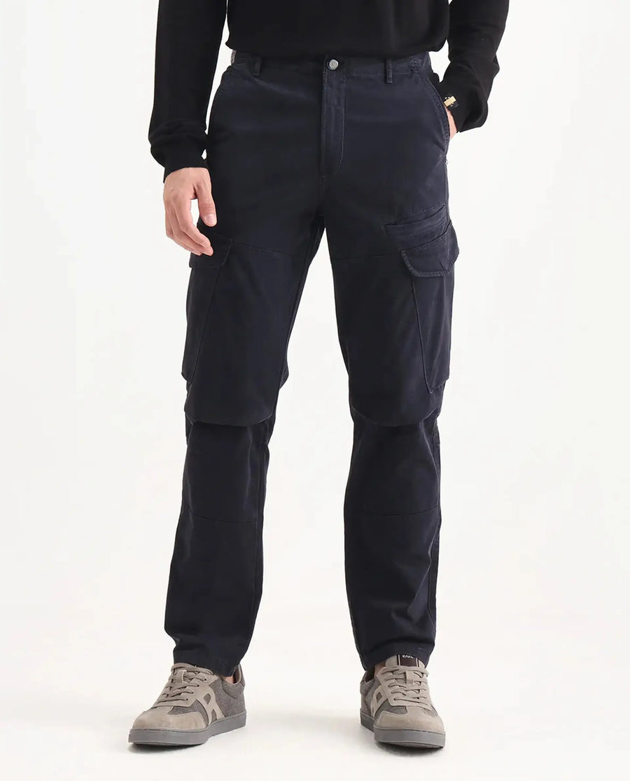 Rare Rabbit Men's Ceder-1 Dark Navy Cotton Blend Plain Regular Fit Trouser