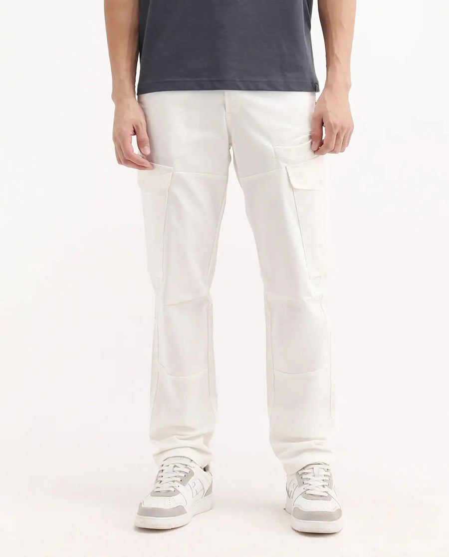 Rare Rabbit Men's Ceder-1 White Cotton Plain Regular Fit Trouser