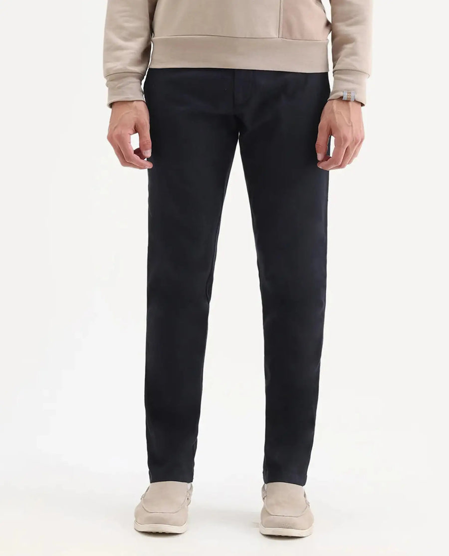 Rare Rabbit Men's Cellular Navy Cotton Plain Regular Fit Trouser