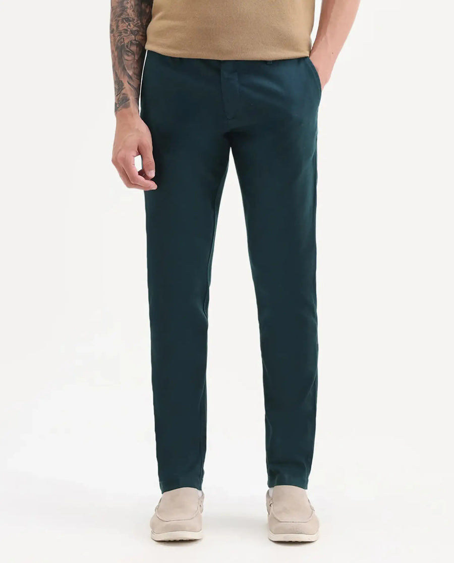 Rare Rabbit Men's Cellular Petrol Cotton Plain Regular Fit Trouser