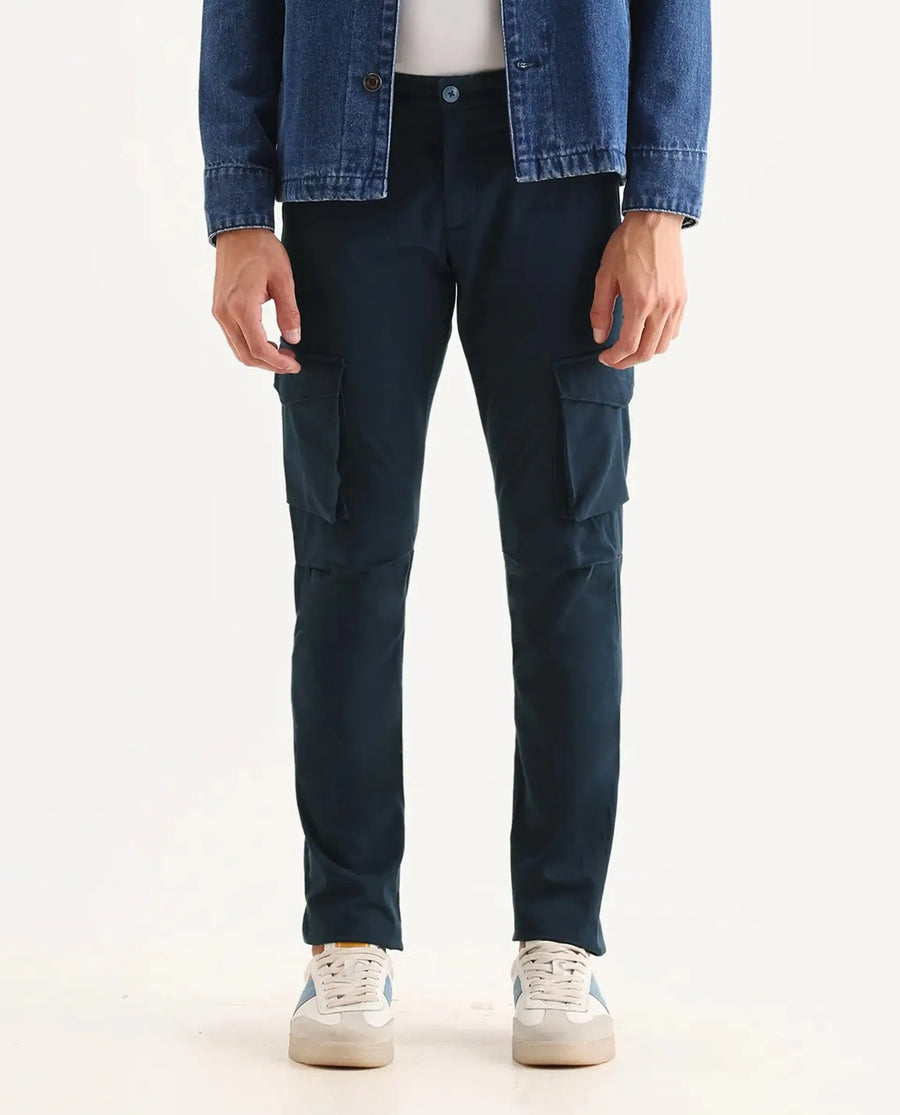 Rare Rabbit Men's Celu Navy Cotton Plain Slim Fit Trouser