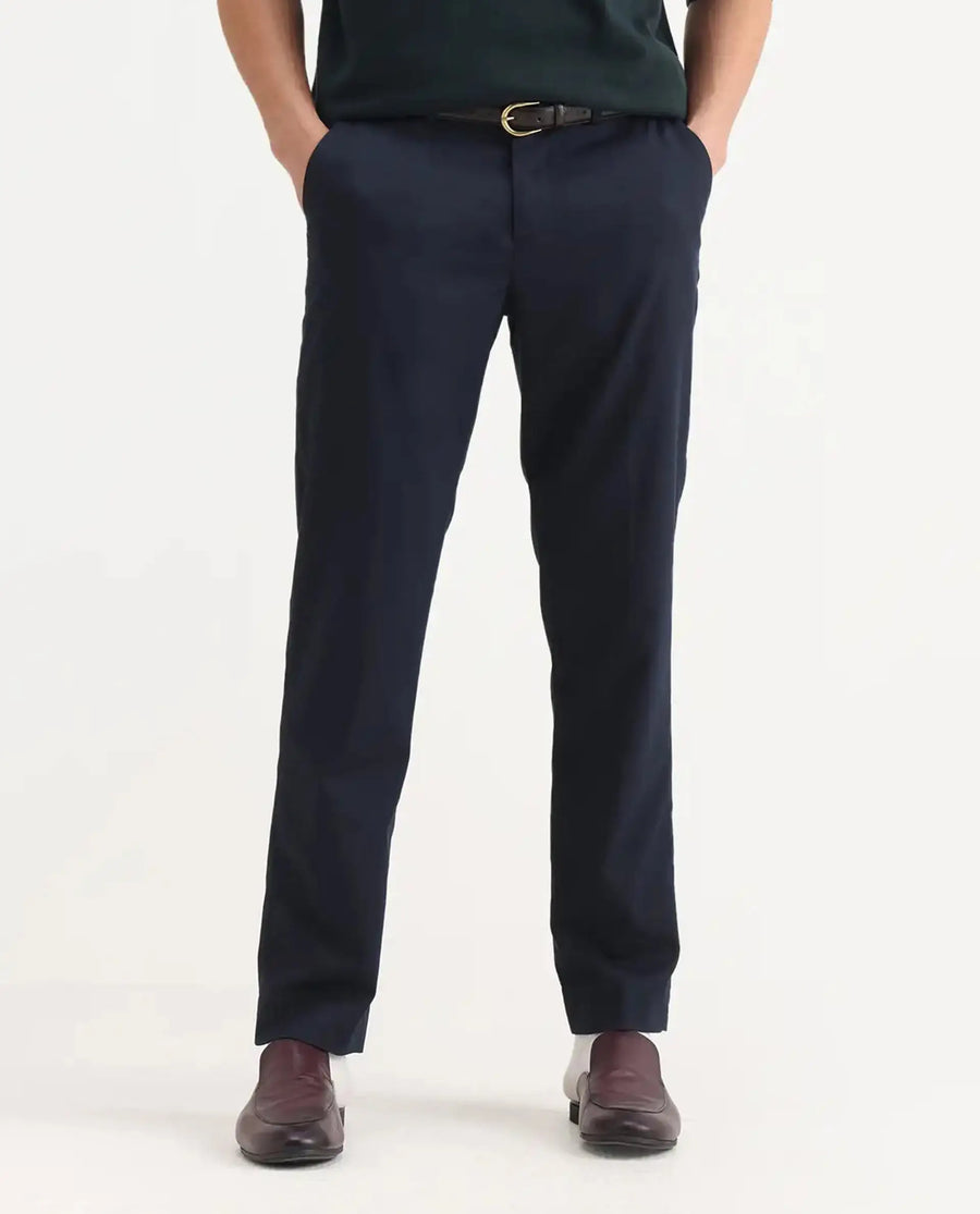 Rare Rabbit Men's Chamer Navy Polyester Plain Regular Fit Trouser