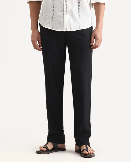 Rare Rabbit Men Chinio Black Linen Blend Drawstring Closure Plain Trouser
