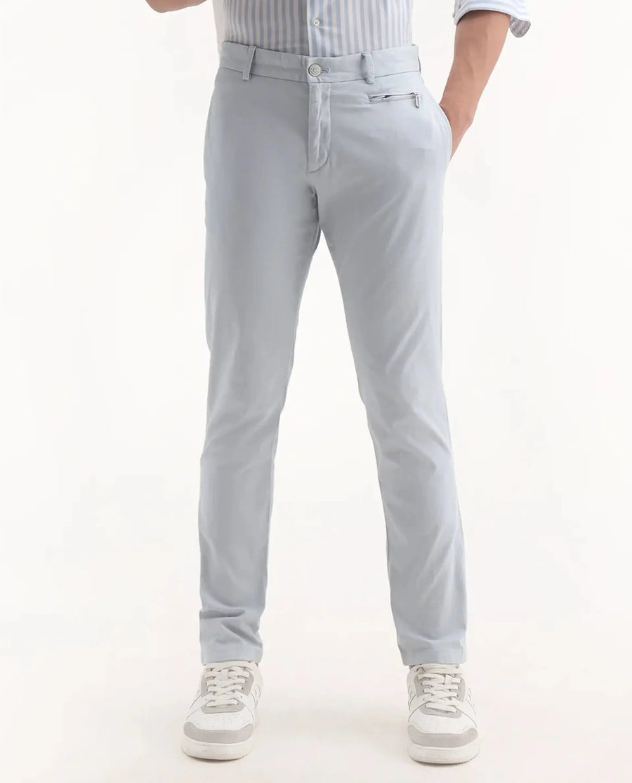 Rare Rabbit Men's Clovet Light Blue Cotton Plain Regular Fit Trouser