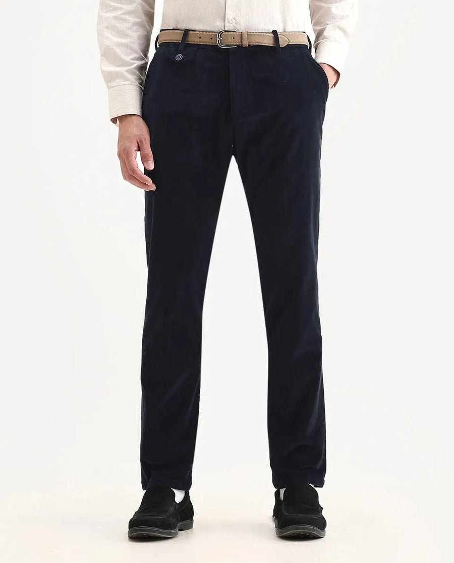 Rare Rabbit Men's Cloy Navy Cotton Plain Regular Fit Trouser