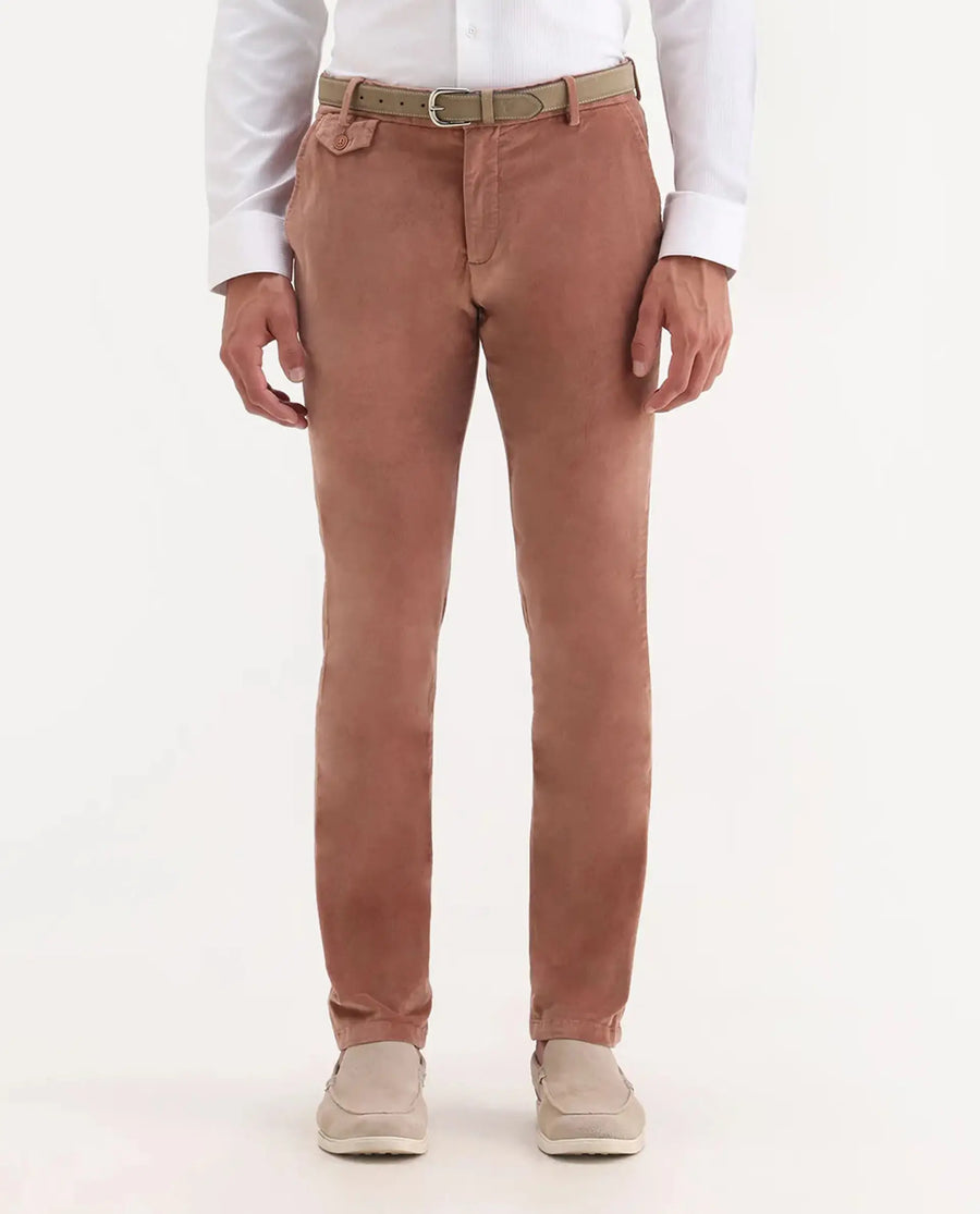 Rare Rabbit Men's Cloy Pink Velvet Plain Regular Fit Trouser