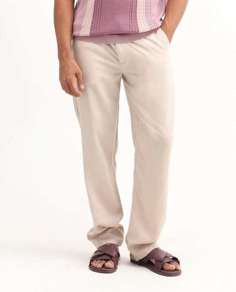 Rare Rabbit Men's Coft-B Beige Linen Blend Plain Loose Fit Trouser