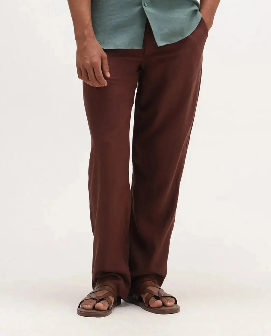 Rare Rabbit Men's Coft-B Brown Linen Blend Plain Loose Fit Trouser