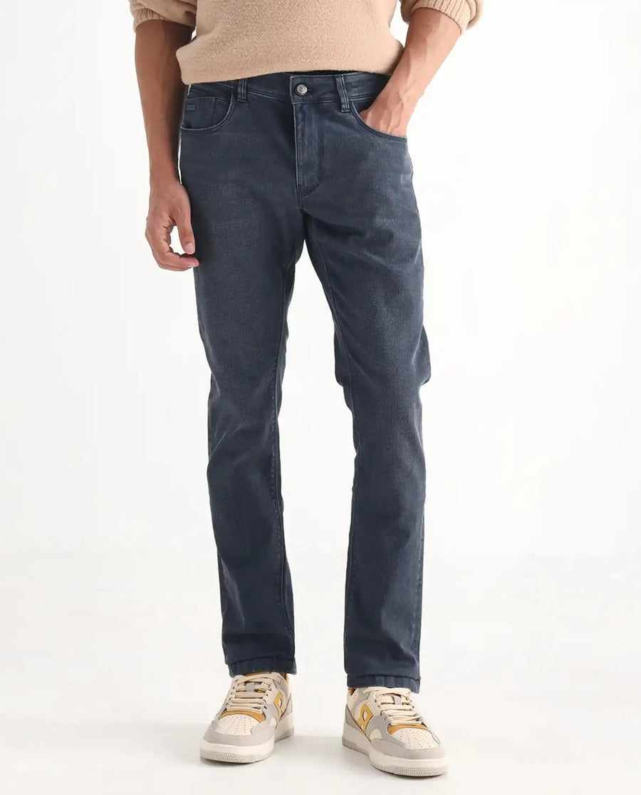 Rare Rabbit Men's Colmer Dusky Blue Cotton Plain Hawk Slim Fit Jeans