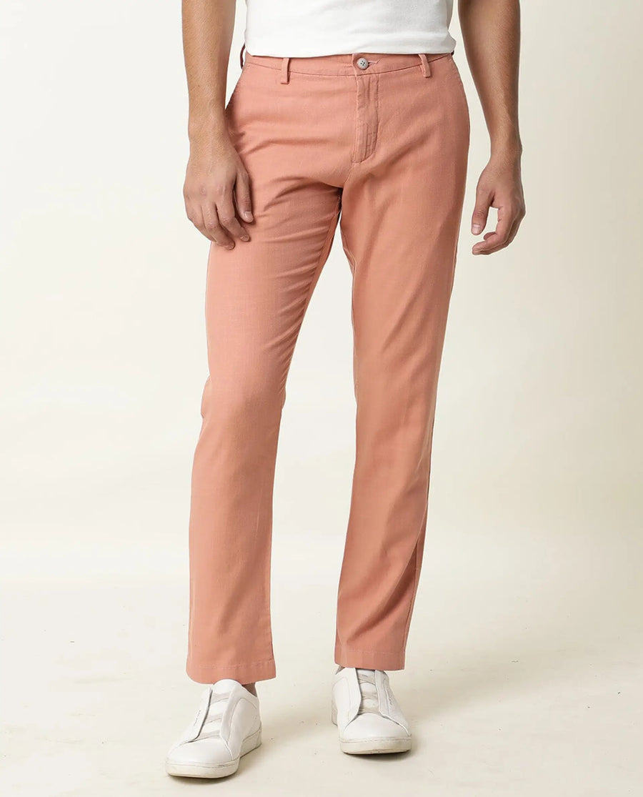Rare Rabbit Men's Corn Pink Cotton Plain Regular Fit Trouser