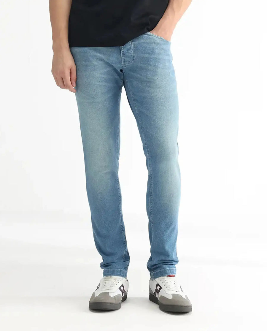 Rare Rabbit Men's Corsica Blue Cotton Plain Hawk Slim Fit Jeans
