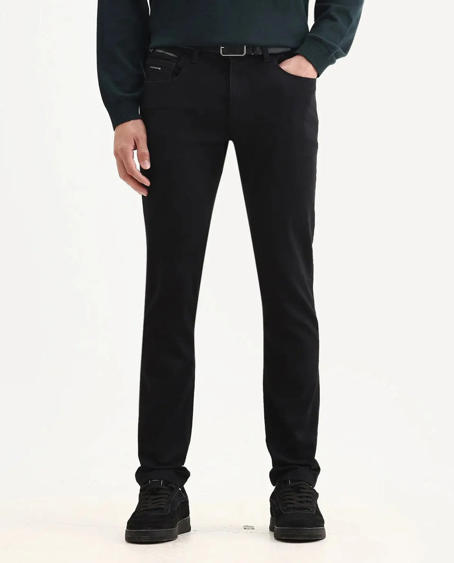 Rare Rabbit Men's Corvo Black Cotton Blend Plain Hawk Slim Fit Jeans