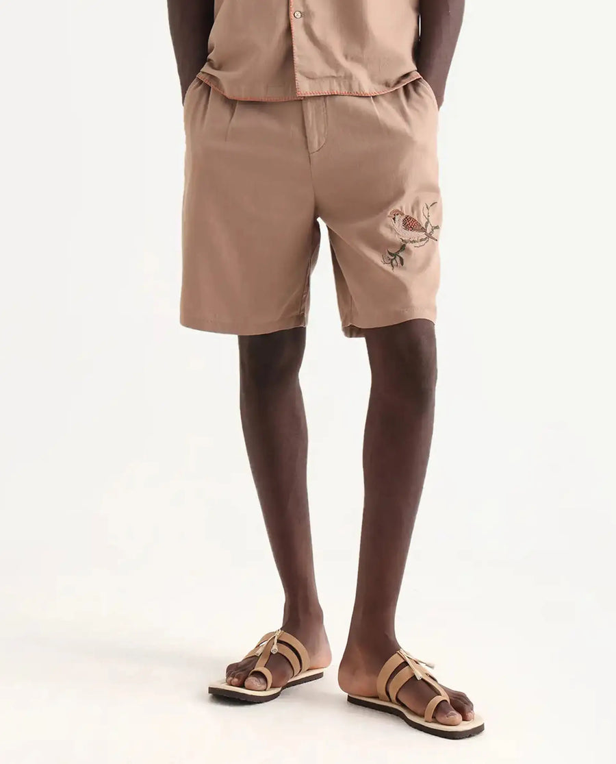 Rare Rabbit Men's Couvin-B Light Brown Cotton Embroidered Regular Fit Shorts