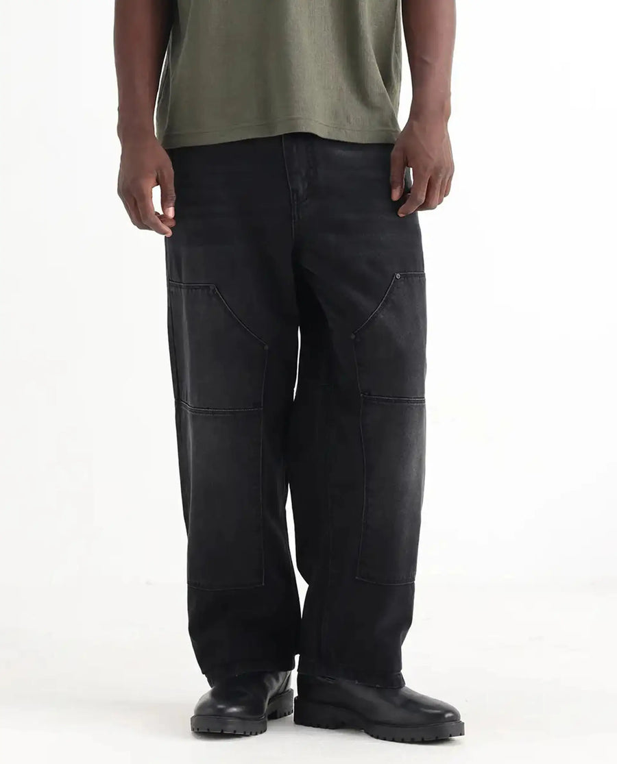 Rare Rabbit Men's Cruz Black Cotton Plain Baggy Fit Jeans