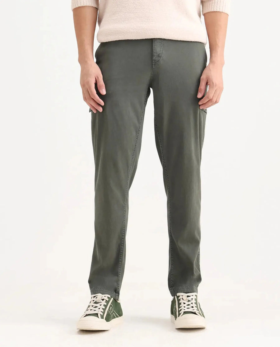 Rare Rabbit Men's Curex Dusky Olive Cotton Blend Plain Regular Fit Trouser