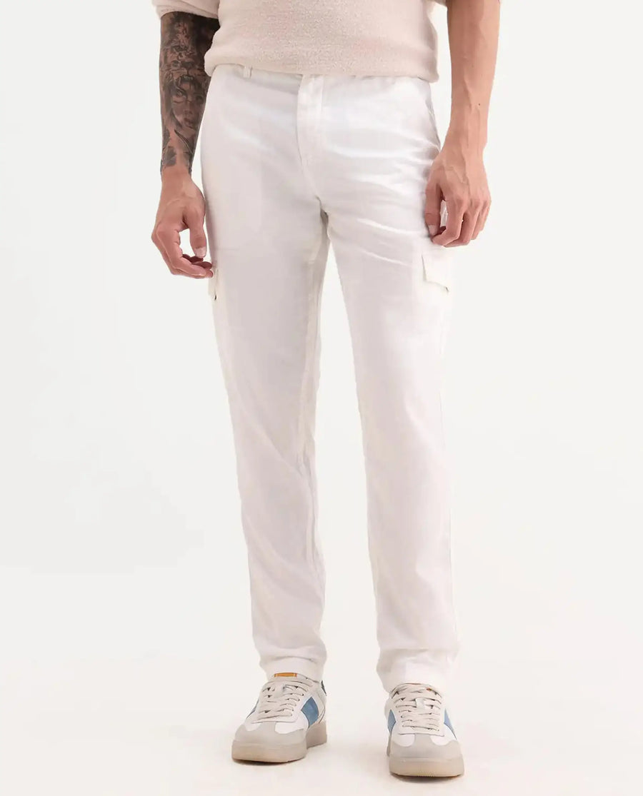 Rare Rabbit Men's Curon Off White Cotton Plain Regular Fit Trouser