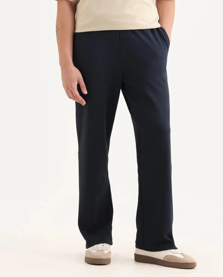 Rare Rabbit Men's Dalton Navy Cotton Blend Plain Baggy Fit Trouser