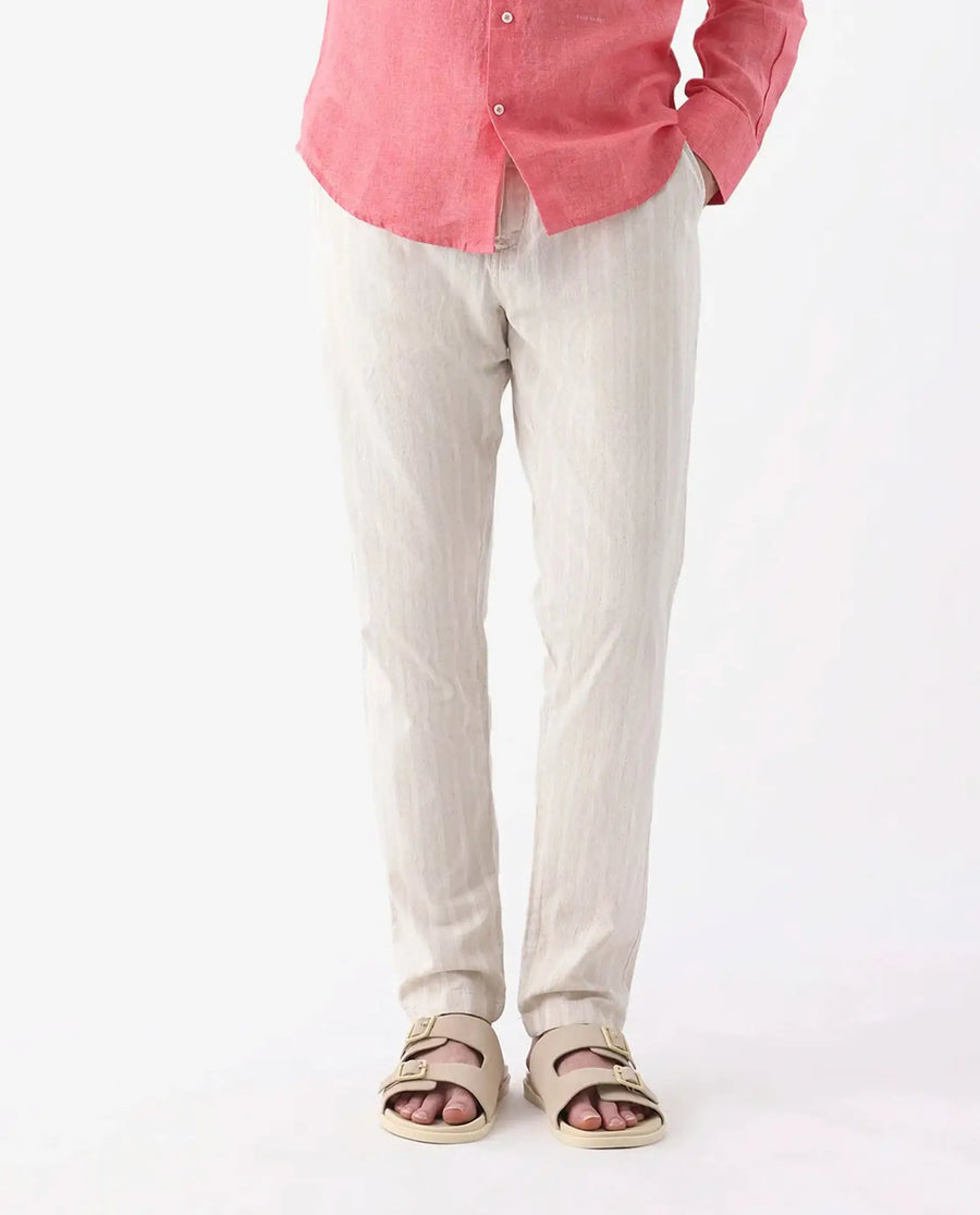 Rare Rabbit Men's Dano Beige Linen Blend Striped Print Regular Fit Trouser