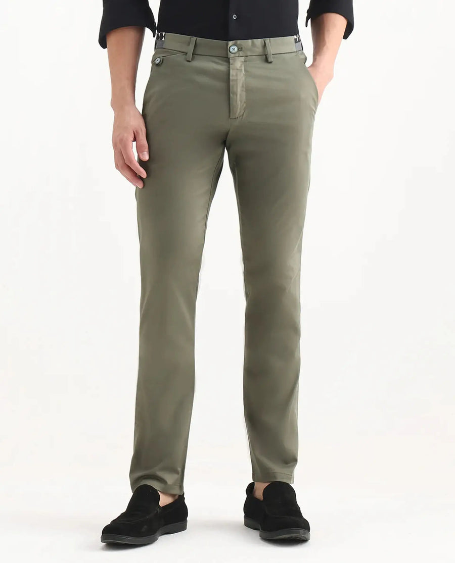 Rare Rabbit Men's Daron Olive Cotton Plain Regular Fit Trouser