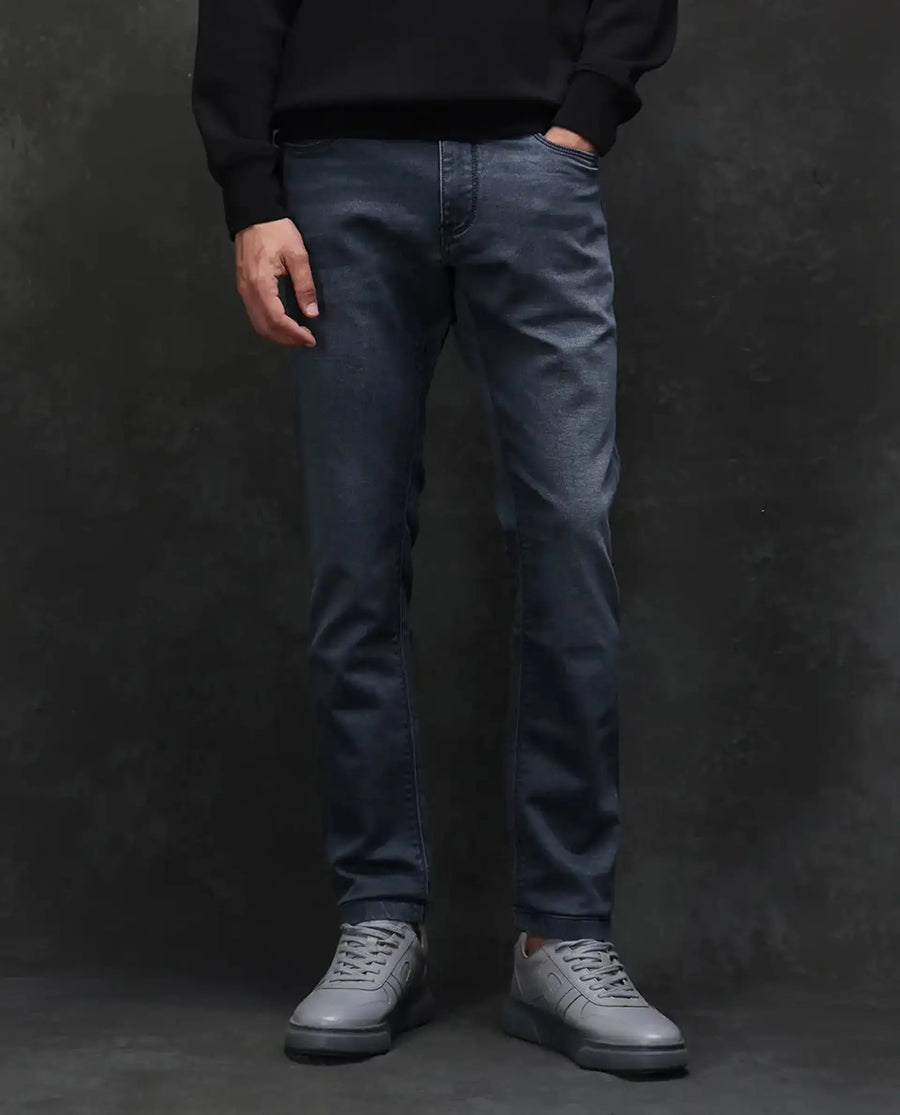 Rare Rabbit Men's Delft Dusky Blue Cotton Plain Hawk Slim Fit Jeans