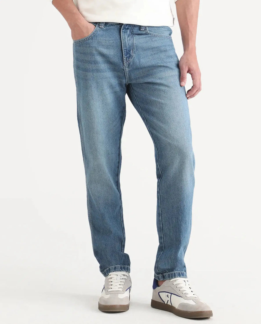 Rare Rabbit Men's Denis K Blue Cotton Blend Fabric Kurt Carrot Fit Plain Jeans