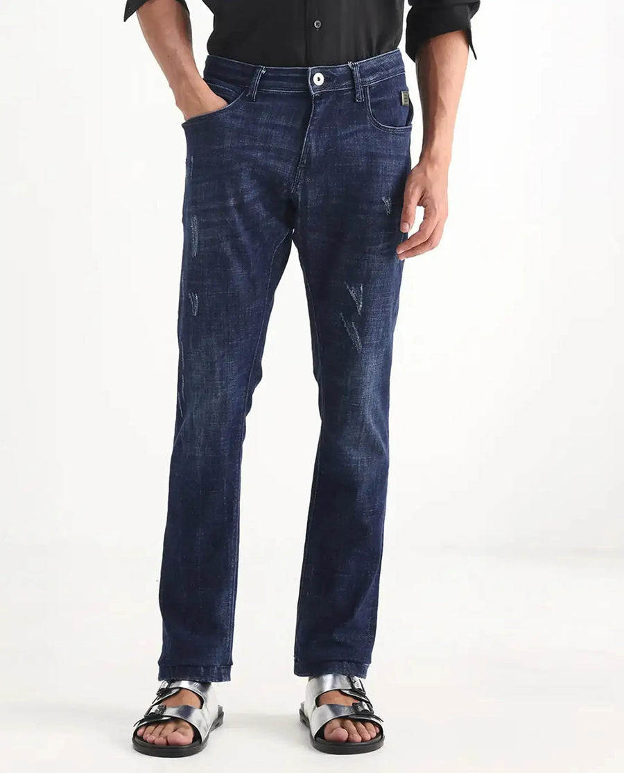 Rare Rabbit Men's Devin Blue Cotton Blend Plain Hawk Slim Fit Jeans