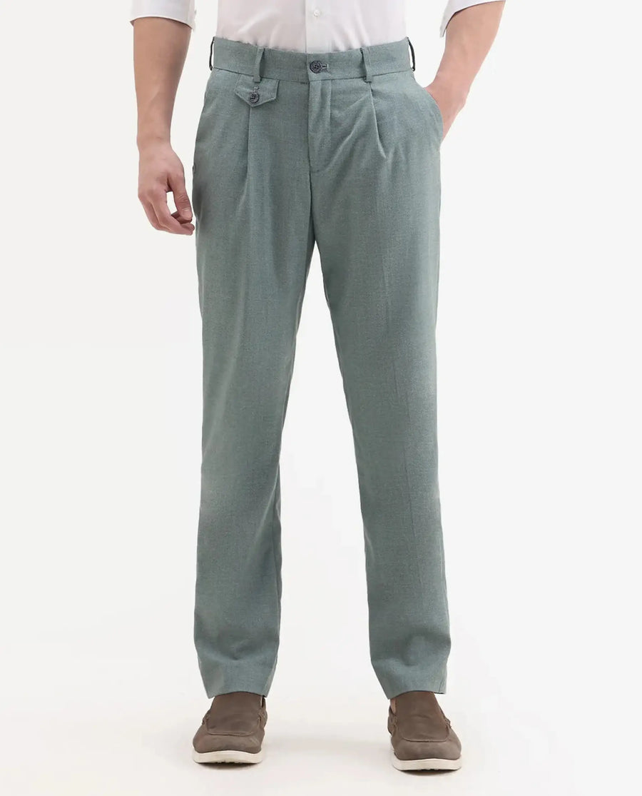 Rare Rabbit Men's Dex Green Cotton Plain Regular Fit Trouser