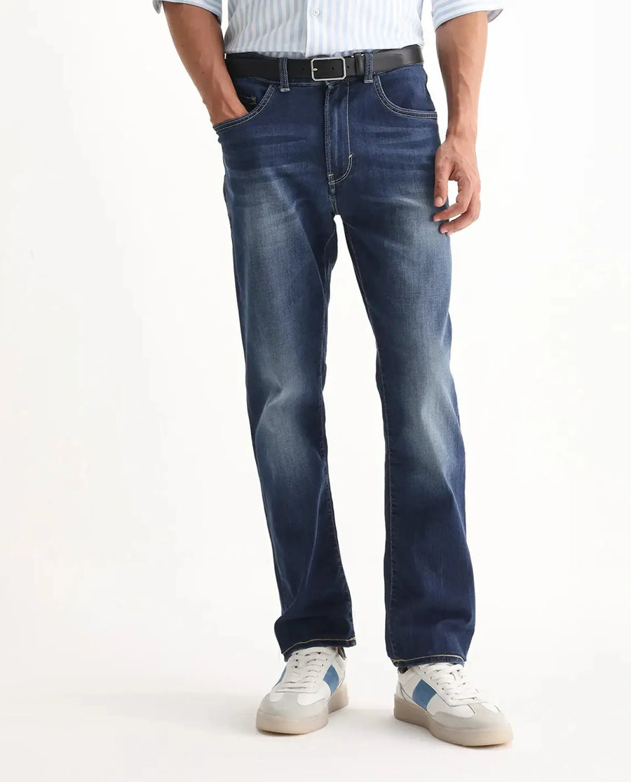 Rare Rabbit Men's Dieme Blue Cotton Plain Morris Regular Fit Jeans