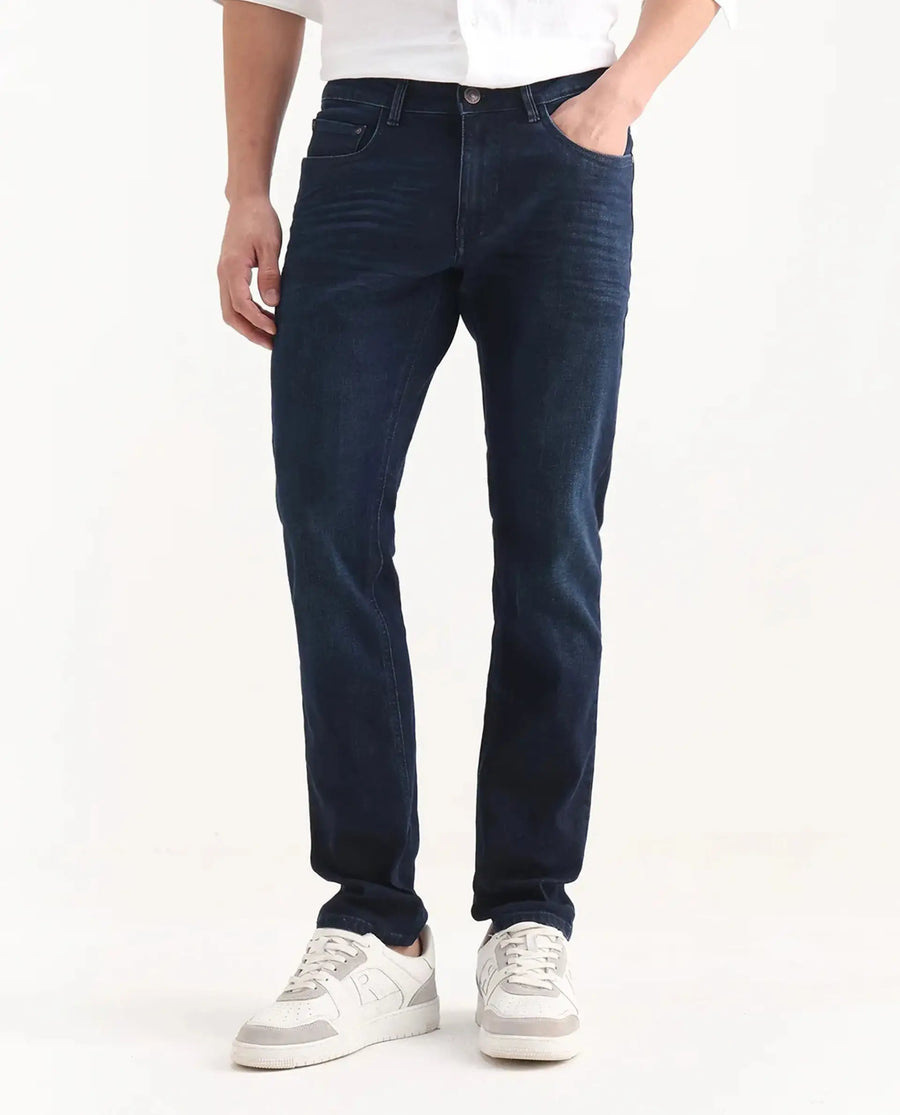 Rare Rabbit Men's Digo Dark Navy Cotton Blend Plain Hawk Slim Fit Jeans