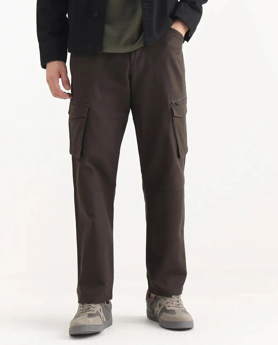 Rare Rabbit Men's Dima Dark Brown Cotton Plain Regular Fit Trouser