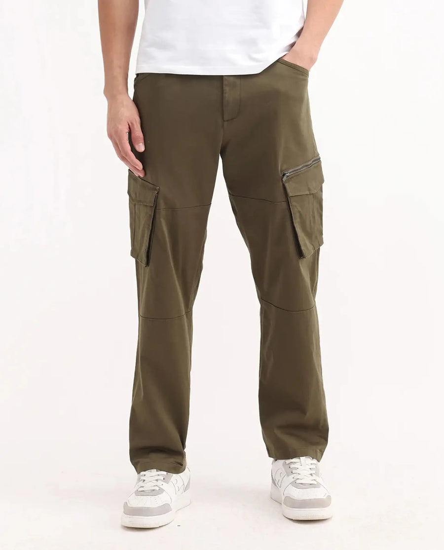 Rare Rabbit Men's Dima Dark Olive Cotton Plain Regular Fit Trouser