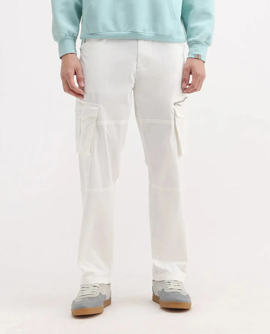 Rare Rabbit Men's Dima White Cotton Plain Regular Fit Trouser