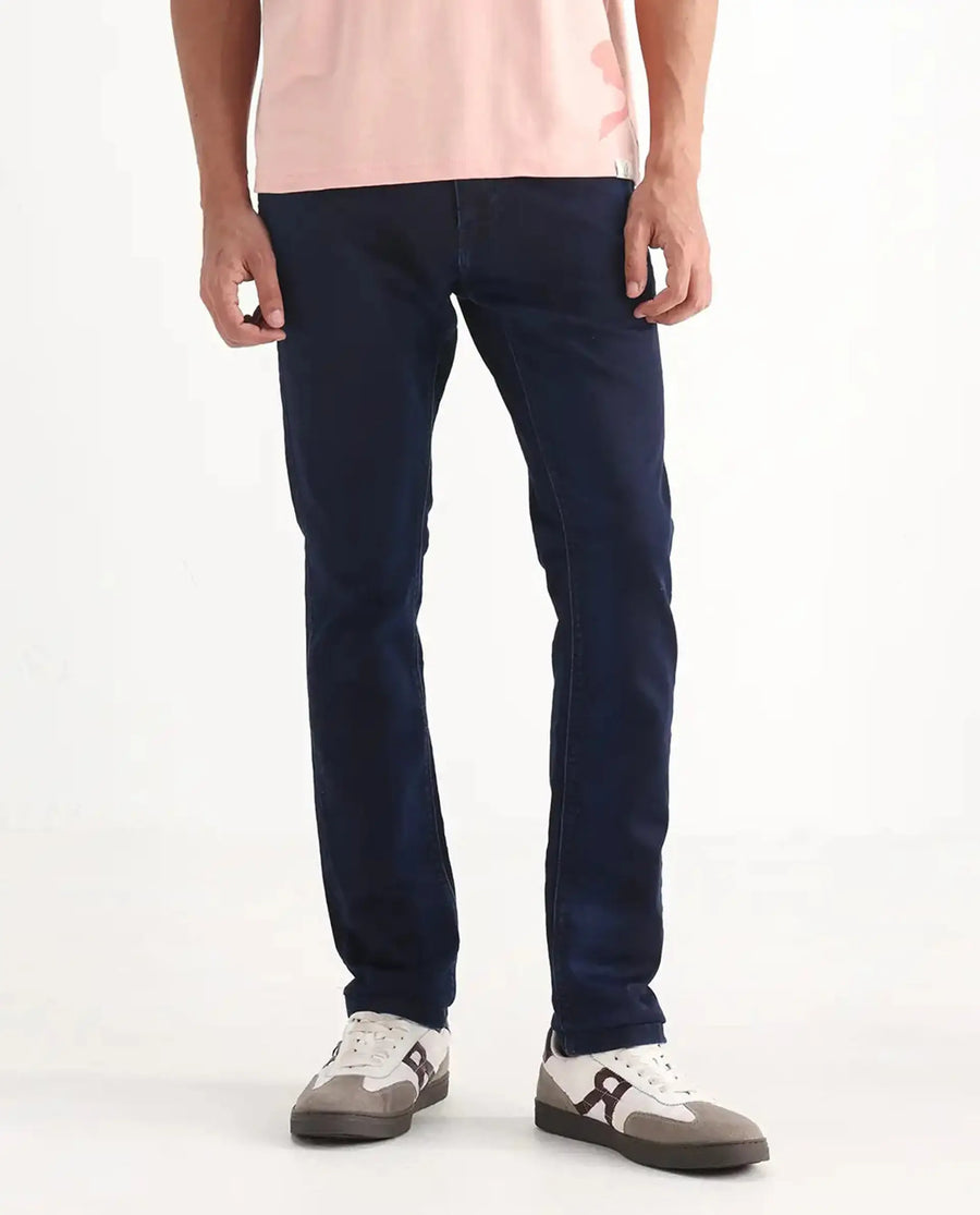 Rare Rabbit Men's Dobe Dark Blue Cotton Plain Hawk Slim Fit Jeans