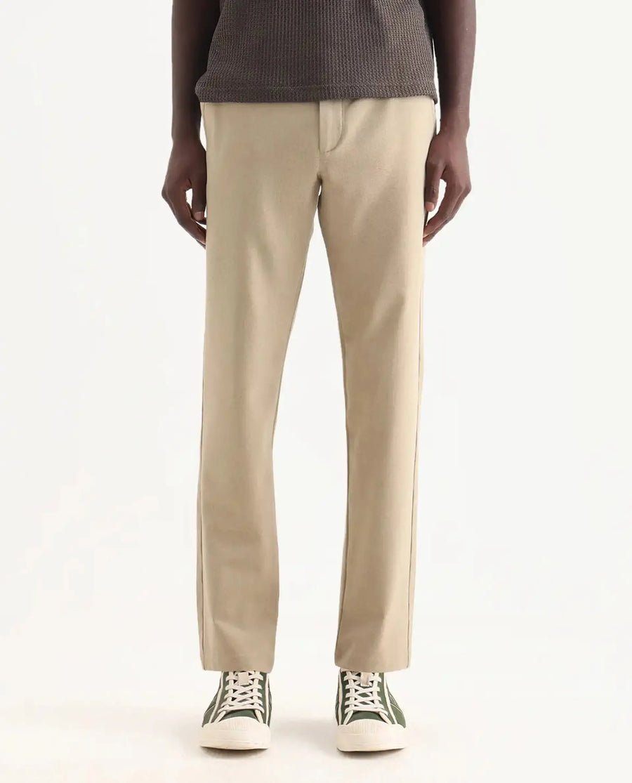 Rare Rabbit Men's Driver-Aw25 Khaki Polyester Blend Plain Regular Fit Trouser
