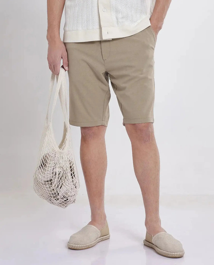 Rare Rabbit Men's Drivo Khaki Polyester Blend Plain Regular Fit Shorts