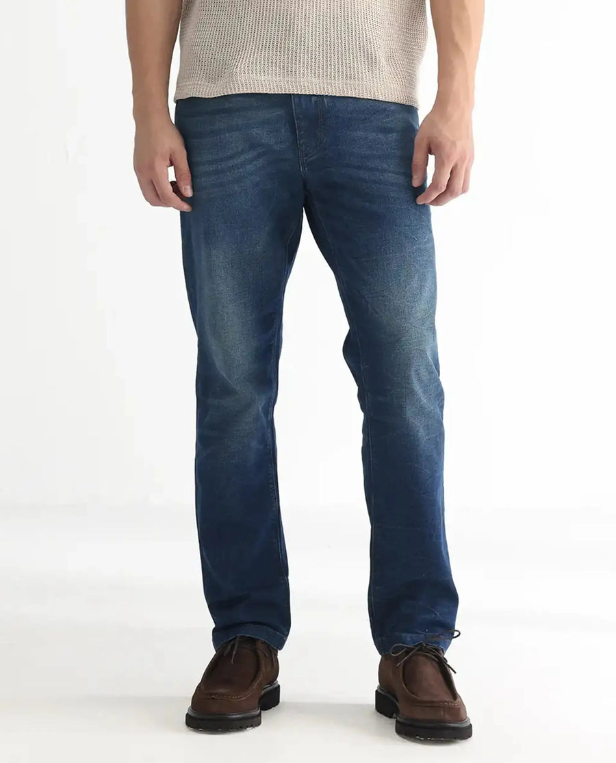 Rare Rabbit Men's Dunker Navy Cotton Plain Hawk Slim Fit Jeans