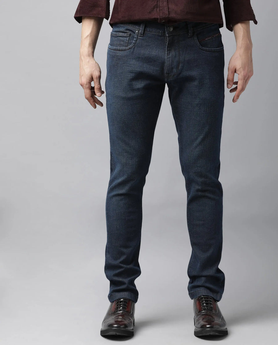 Rare Rabbit Men's Earth Navy Cotton Plain Hawk Slim Fit Jeans
