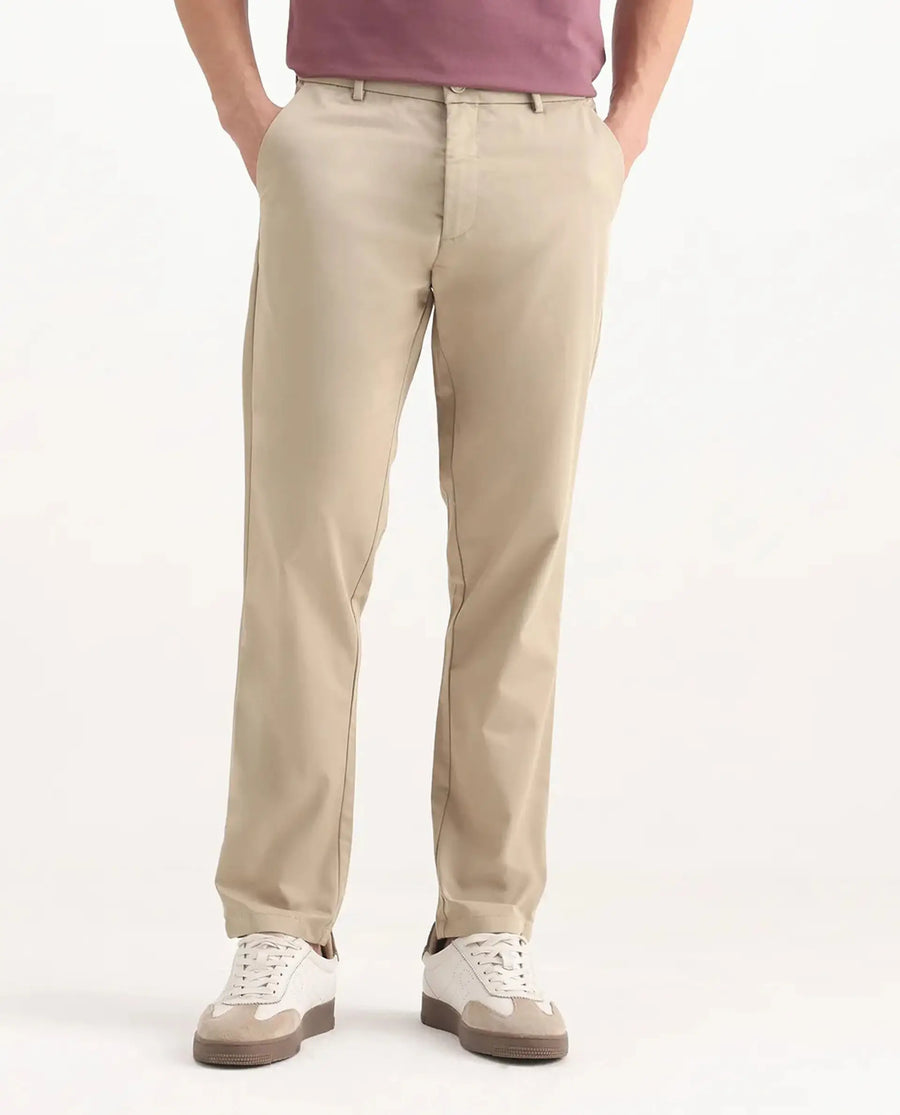 Rare Rabbit Men's Ebert Beige Cotton Plain Regular Fit Trouser