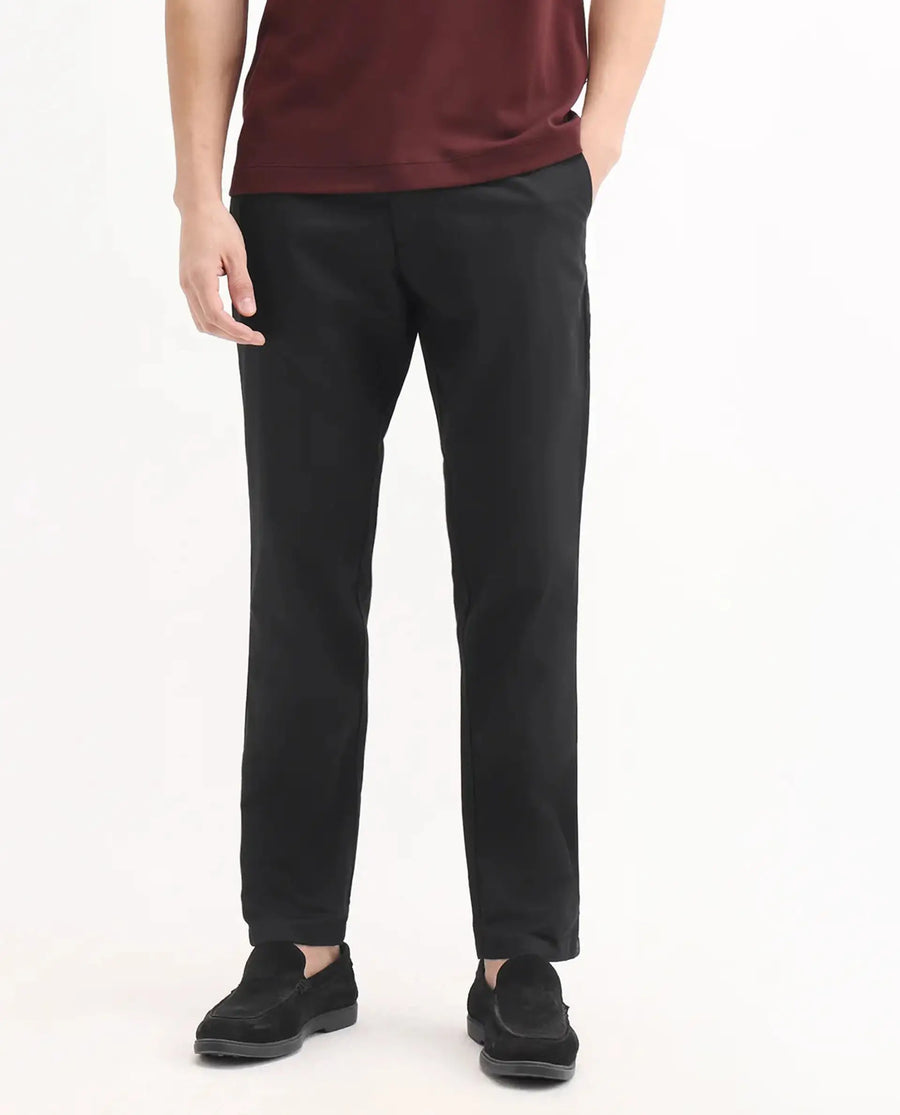 Rare Rabbit Men's Ebert Black Cotton Plain Regular Fit Trouser