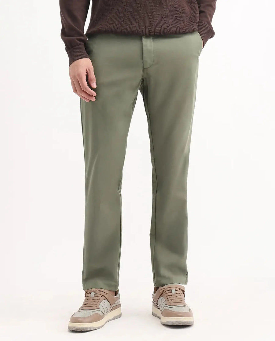 Rare Rabbit Men's Ebert Olive Cotton Plain Regular Fit Trouser