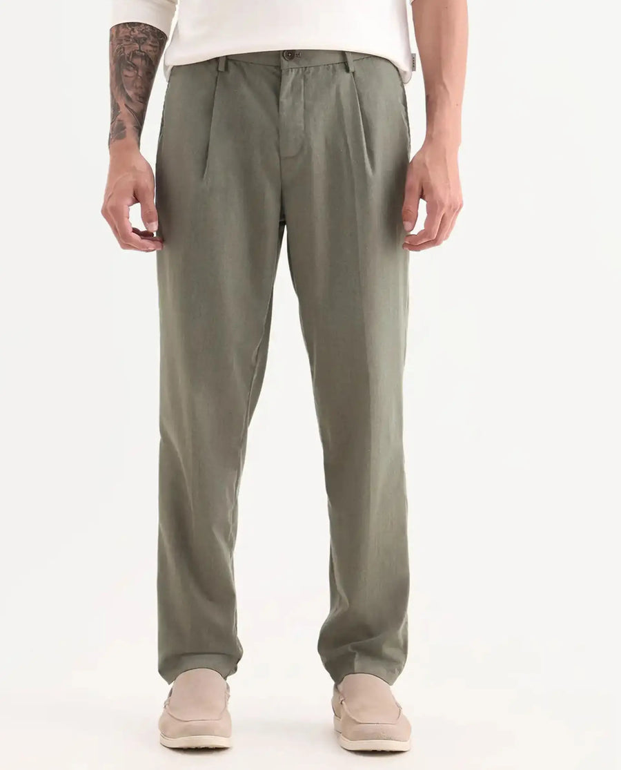 Rare Rabbit Men's Echo Light Olive Cotton Plain Regular Fit Trouser
