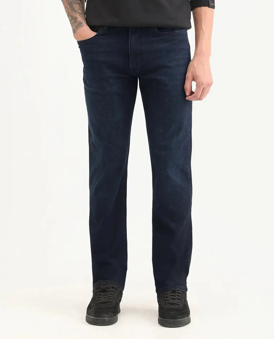 Rare Rabbit Men's Edge Dark Navy Cotton Blend Fabric Regular Fit Plain Jeans