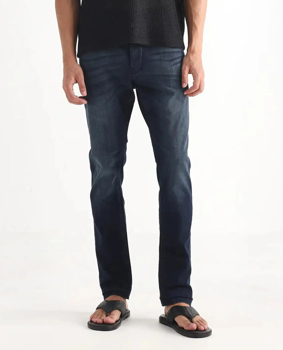 Rare Rabbit Men's Edin Blue Cotton Plain Hawk Slim Fit Jeans