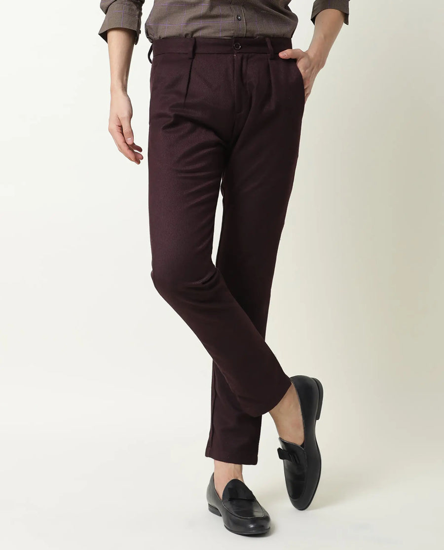 Rare Rabbit Men's Edit Maroon Polyester Plain Slim Fit Trouser