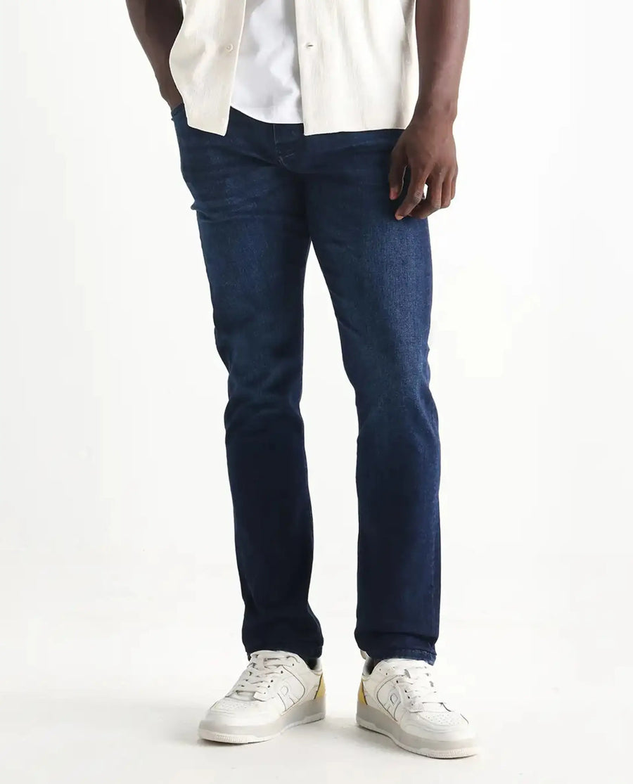 Rare Rabbit Men's Elanza Blue Cotton Blend Plain Morris Regular Fit Jeans