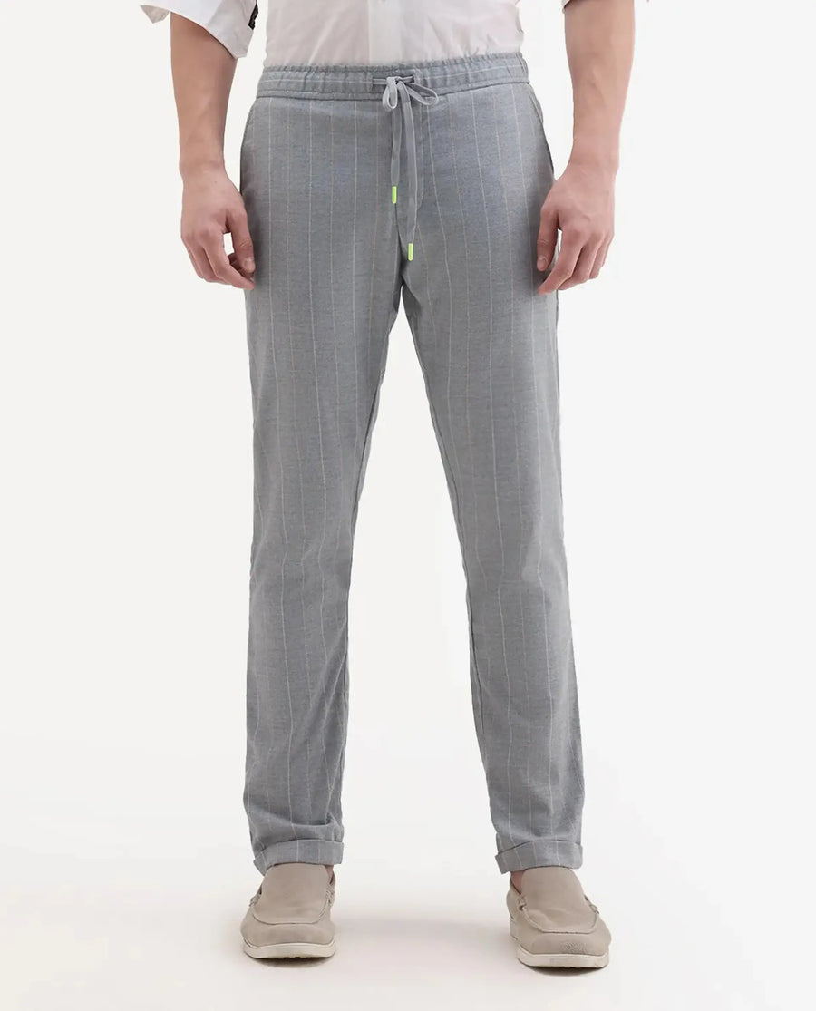 Rare Rabbit Men's Elms Grey Cotton Striped Print Regular Fit Trouser