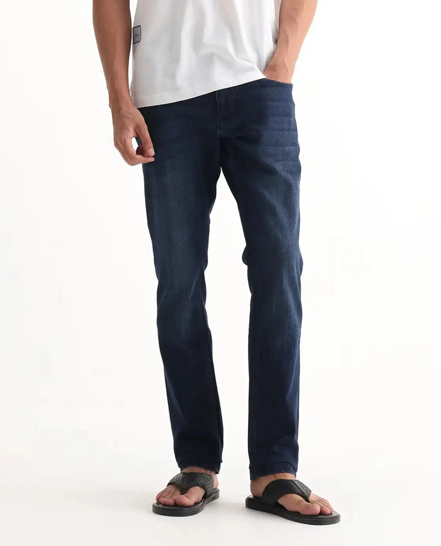 Rare Rabbit Men's Emil Dark Blue Cotton Blend Plain Hawk Slim Fit Jeans