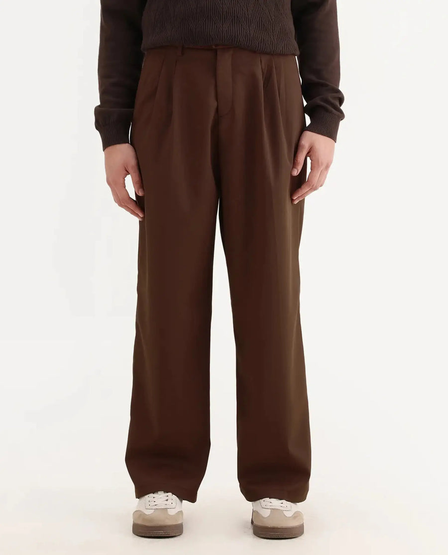 Rare Rabbit Men's Enzot Brown Cotton Plain Relaxed Fit Trouser